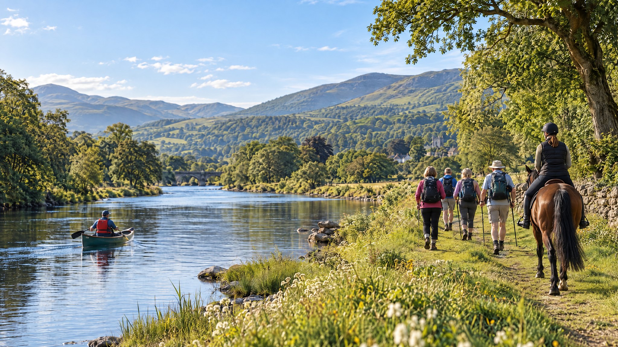Walkers beside a peaceful river, with a paddler on the water and a rider on horseback nearby.